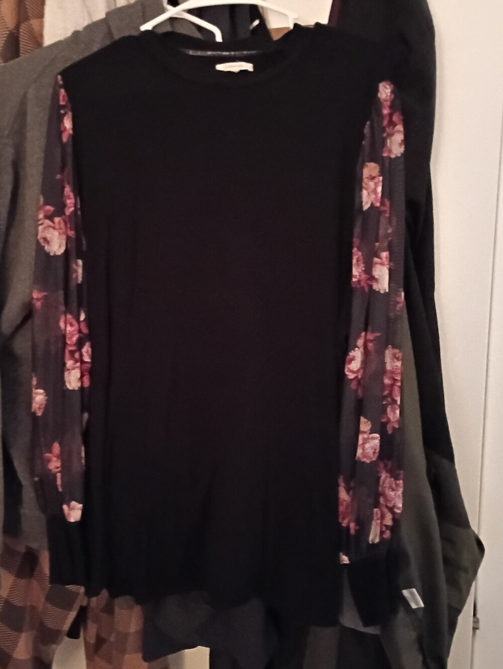 Black Long-Sleeve Top with Pink Floral Sleeves Maurices